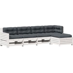 vidaXL - 5-delige - Loungeset - met - kussens - massief - grenenhout - wit