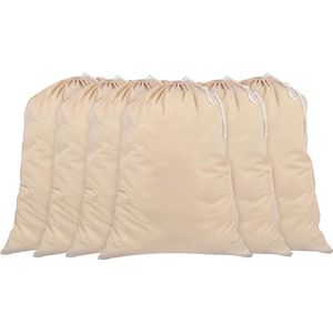 Pack van 6 - 100% Katoen Extra Grote Heavy Duty Natuurlijke Kleur Waszakken - 71cm x 91cm - Zeer Trekkoord met Trekkoordsluiting Machinewasbaar