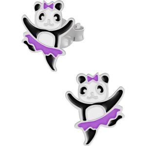 Oorbellen meisje zilver | Zilveren oorstekers, dansende panda met paars rokje