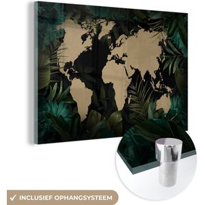 MuchoWow® Glasschilderij 150x100 cm - Schilderij acrylglas - Wereldkaart - Zwart - Planten - Foto op glas - Schilderijen