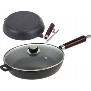 Zware massieve Gietijzeren Braadpan Ø 24 cm – 1,9kg - glazen deksel – afneembare handgreep - 3 JAAR GARANTIE