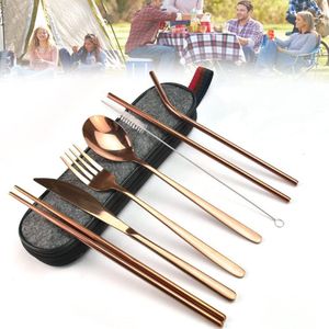 8 stuks reisbestekset draagbare gebruiksvoorwerpen set met etui roestvrij staal bestek camping gebruiksvoorwerp set rose goud bestek set herbruikbare reizen camping bestek set voor wandelen kamperen