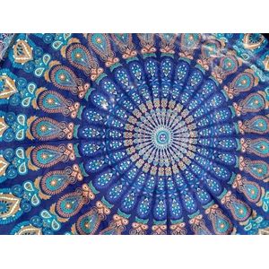 Ibizadoek Pauw blauw - 240 x 210 cm - Lichtgewicht strandlaken - XXL mandala pauw laken - 2-persoons katoenen badlaken - Boho bed & bank sprei - Festivalkleed - Familiestrandlaken - Schaduwdoek - Muur decoratie - Picknickkleed