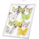 10x stuks decoratie vlinders op clip geel/groen 5 tot 8 cm - vlindertjes versiering - Kerstboomversiering