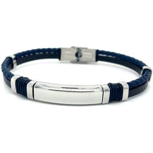Heren armband - Armband Leer - Blauw gevlochten met zwarte Armband en haak sluiting- Stainless steel - valentijn cadeautje voor hem