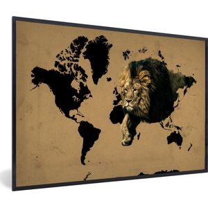 Fotolijst incl. Poster - Wereldkaart - Bruin - Leeuw - 60x40 cm - Posterlijst
