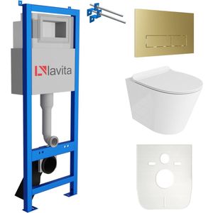 LAVITA® Inbouwreservoir Complete Toiletset LAV 101 - Inbouw WC Hangtoilet Wandcloset GALVE Wit Hoogglans - Bedieningsplaat 200.3.5 Gouden - Voorwandelement voor toilet 40cm - Installatiesysteem