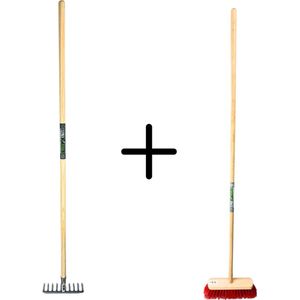 Synx Tools Tuinhark 10 Tanden verzinkt + Nylon Straatbezem 30 cm - Kunststof haren - Bodembewerkers - Onkruidverwijderaar – Schrobborstels – Buitenbezem met steel 150 cm – Hark met steel 150 cm