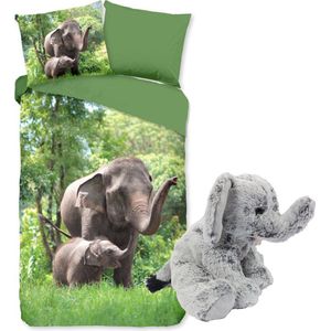 Dekbedovertrek - Elephants - 1 persoons - 100% katoen - 140x200/220 cm - inclusief pluche knuffel