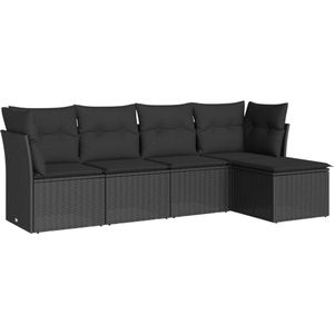 The Living Store 5-delige Loungeset met kussens poly rattan zwart - Loungebank - Lounge Set - Tuinlounge - Outdoor Furniture - Pe Rattan