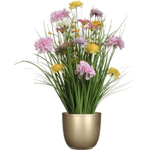 Kunstbloemen boeket lila paars - in pot goud - keramiek - H70 cm