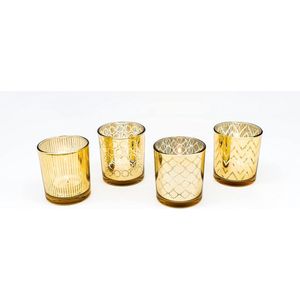 Theelichtglazen set van glas incl. theelichtjes, kleine chique theelichtkaarsenhouders met versieringen, windlichten van glas - geschenkdecoratie voor bruiloft, verjaardag en Kerstmis (goudkleurige set van 4)