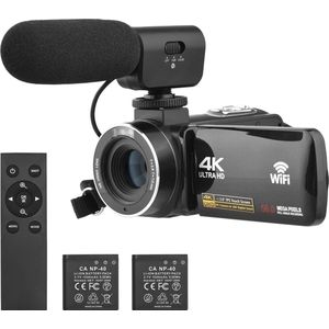 Videocamera - Handycam - Camcorder 4K - 18x Digitale Zoom - 2 in 1 Set Met Externe Microfoon - Incl. 2 Batterijen & Afstandsbediening - Anti-shake - Nachtzicht - Wifi - Zwart