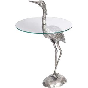 Ronde bijzettafel WILDLIFE HERON 90cm zilveren metalen glazen reigersculptuur handgemaakt - 43514