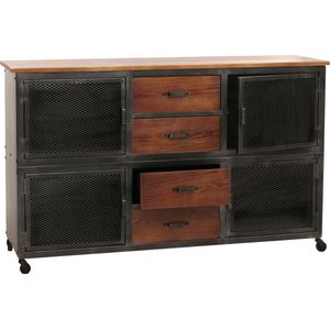 Dressoir MCW-N28, ladekast, wielen 4 laden, 3D structuur industrieel retro metaal hout 90x150x40cm ~ zwart, bruin