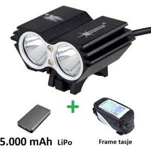 SolarStorm X2 set - USB MTB/race LED koplamp EXTREEM veel licht met 2x CREE T6 LED - met 5000 mAh LiPo Powerbank en handig frametasje