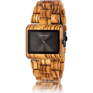 HOT&TOT | Dusk - Houten horloge voor heren - 40mm - Vierkant - Zebrano hout - Grijs - Zwart - Bruin
