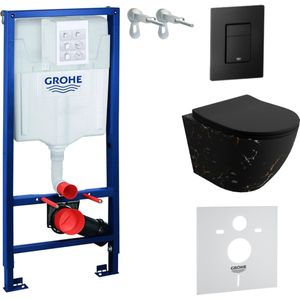 Inbouwreservoir Complete Toiletset Grohe Solido 39069000 - Inbouw WC Hangtoilet Wandcloset Sofi Slim Fire - Bedieningsplaat EVEN 3in1 Zwart - Voorwandelement - Installatiesysteem