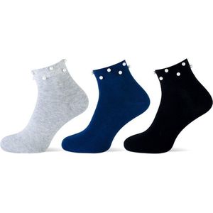 Feestelijke damessokken met pareltjes - Grijs/Blauw/Zwart - Maat OneSize (36-42)