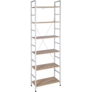 Boekenkast - Industrieel - 6 Lagen - Wit/Oak - Boekenrek - Woonkamer, slaapkamer en kinderkamer - Hout/Metaal - 60x28x180cm