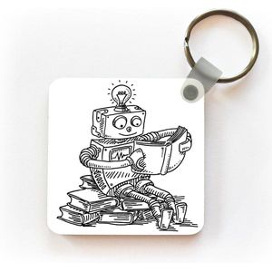 Sleutelhanger - Uitdeelcadeautjes - Een handgetekende illustratie van een robot die een boek leest - Plastic