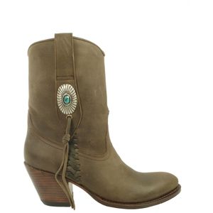 Sendra Boots 10748 Laly Donker Taupe Handgemaakt GoodYear Welted Dames Enkellaars Schuine Hoge Hak Ronde Neus Concho Turquoise Vlechtwerk Echt Leer Maat 37