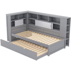 Gotagee slaapbank, 90x200cm (90x190cm), kinderbed, zonder matras, slaapbank met uitschuifbed, slaapbank met opbergvak met USB, grijs