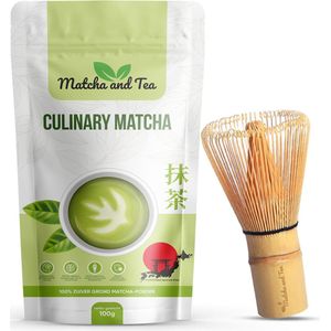 Matcha and Tea - Set Culinaire Matcha + Matcha Whisk/Klopper - 100 gram Thee Poeder - Japanse Groene thee - Handgeplukte Matcha