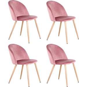 KTN® - Eetkamerstoelen set van 4 - Rugleuning - Fauteuil - Woonkamerstoelen - Kuipstoelen - Gewatteerde zitting - Zacht Fluweel Stof - Houten poten - Roze