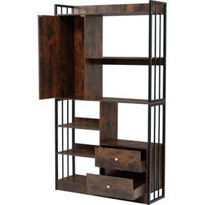 YMA® Wandkast hout - Industriële Boekenkast - Antiek Bruin - Met Legplanken Lades en Deuren