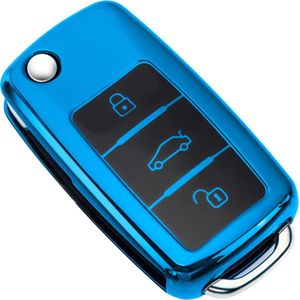 Zachte TPU Sleutelcover - Metallic Chroom Blauw - Sleutelhoesje Geschikt voor Volkswagen Golf / Polo / Tiguan / Up / Passat / Seat Leon / Seat Mii / Skoda Citigo - Sleutel Hoesje Cover - Auto Accessoires