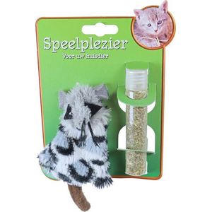 Kattenspeelgoed pluche muis grijs met catnip vulbaar, 15 cm.