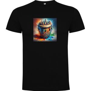 Zwart T-Shirt met “Kleurrijke Bongo drums – Afrikaans – Dansen – Muziek – Vrolijk “ Print Full Color Maat XL