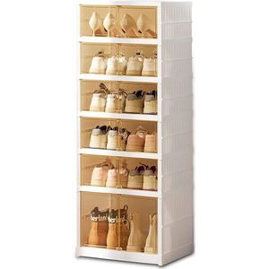 Schoenendoos, stapelbare schoenenorganizer, plastic doos opvouwbaar met transparante deur, stapelbare schoenendoos voor 12 paar, 6 hoogtes, eenvoudige montage, wit