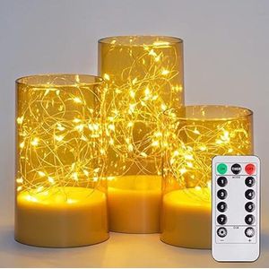 LED Kaarsen 3 stuks-Glimmend kaarsen Batterijkaarsen, -afstandsbediening en timer-Goud