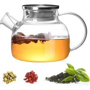Hoogwaardige glazen theepot met deksel, hittebestendig en magnetronbestendig, uitneembaar roestvrijstalen filter en schenkfilter, voor zwarte thee, groene thee, fruitthee, 1000 ml