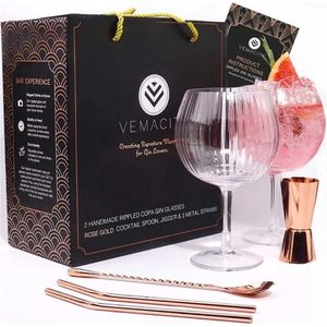 Gecanneleerde Gin Glazen Set | 2 handgemaakte gin-tonic glazen roségouden staaflepel dubbele maatbeker 2 metalen rietjes met cocktailglazen Recept E-Book Gin Tonic Glass Style 2023