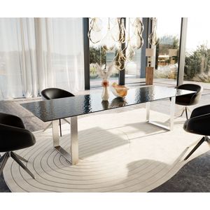 Eetkamertafel Edge Glas smelten rokerig zwart 3D-Relief 300x100 RVS Schmal