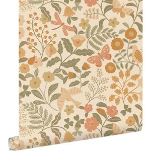 ESTAhome behang bloemen en vogels oranje en vergrijsd groen - 53 cm x 10.05 m - 131393