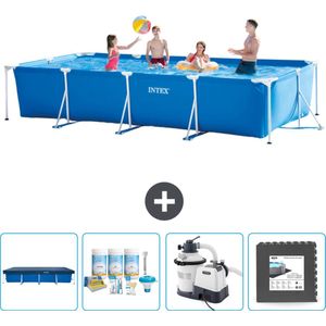 Intex Rechthoekig Frame Zwembad - 450 x 220 x 84 cm - Blauw - Inclusief Afdekzeil - Onderhoudspakket - Zwembadfilterpomp - Vloertegels