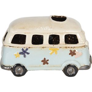 HAES DECO - Tafellamp - Beachlife - Vintage Bestelwagen, formaat 18x10x11 cm - Beige met Blauw Keramiek - Bureaulamp, Nachtlampje, Sfeerlamp