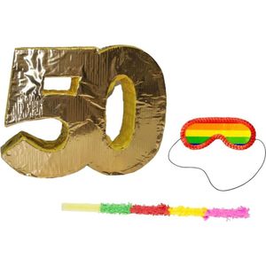 Pinata goud 50 jaar leeftijd + stok + masker - complete set leeftijd feestartikelen