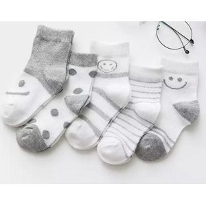 5 paar vrolijke New born Baby sokken - set babysokjes - 0-6 maanden - Smiley - Grijs - babysokken