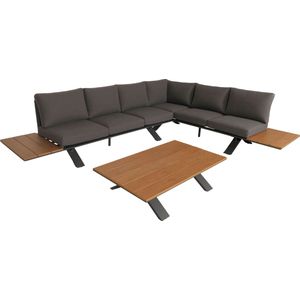 Aluminium tuinset MCW-M62, zitgroep tuin/loungeset bank, houtlook ~ antraciet frame, donkergrijze bekleding