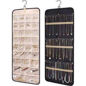 Ultiluxe® Sieraden organizer - Zwart/beige - 85 x 35 cm - Ruim 74 vakjes en hang gedeelte - Vakken - Dubbelzijdige hangende sieradenhouder - Opbergsysteem, opbergtas, opbergruimte voor oorbellen, kettingen, armbanden
