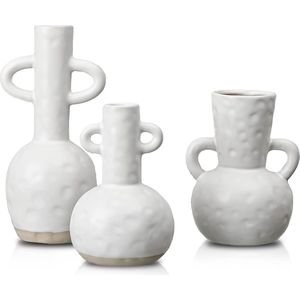 Witte vaas voor huisdecoratie, vazen ​​decoratie voor pampasgras, set van 3 moderne kleine vazen ​​met handvat, decoratieve steengoed vaas voor schoorsteenmantel, plank, vensterbank, 22,5 cm