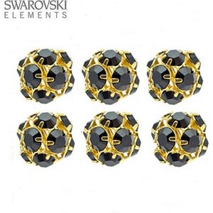 Swarovski Elements, 6 stuks Swarovski strass kralen, goud met jet chatons, 8mm, (5201)