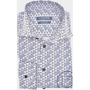 Ledub modern fit overhemd - popeline - wit met blauw en beige dessin - Strijkvriendelijk - Boordmaat: 38