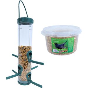 Vogel voedersilo groen/transparant kunststof 33 cm inclusief 4-seizoenen mueslimix vogelvoer - Vogel voederstation
