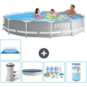 Intex Rond Prism Frame Zwembad - 366 x 76 cm - Grijs - Inclusief Pomp Afdekzeil - Onderhoudspakket - Filter - Grondzeil - Stofzuiger